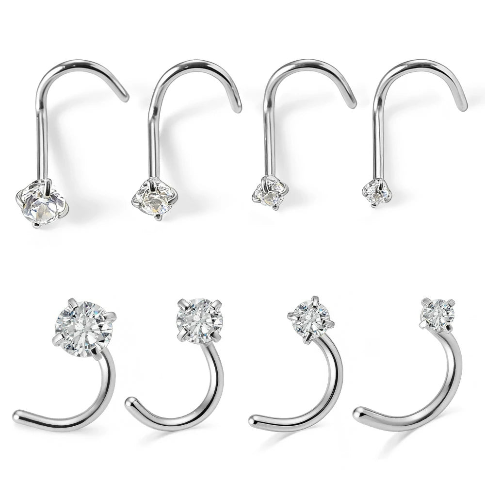 316L Surgical Stainless Steel Nose Studs, Nickel-free Lead-free L Shaped Corkscrew Nose Piercing Jewelry CZ