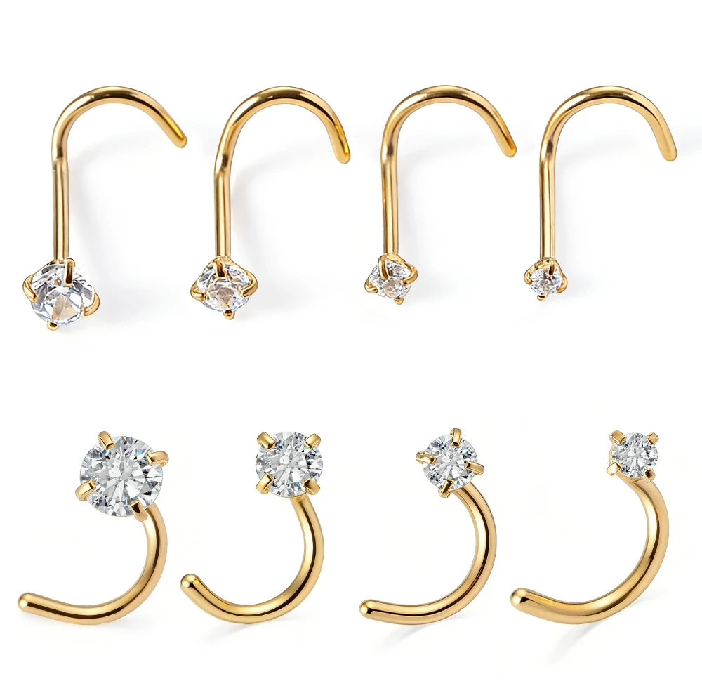 316L Surgical Stainless Steel Nose Studs, Nickel-free Lead-free L Shaped Corkscrew Nose Piercing Jewelry CZ