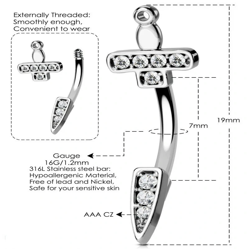 316L Surgical Steel Daith Earrings Dagger Rook Earrings Clear CZ Eyebrow Rings