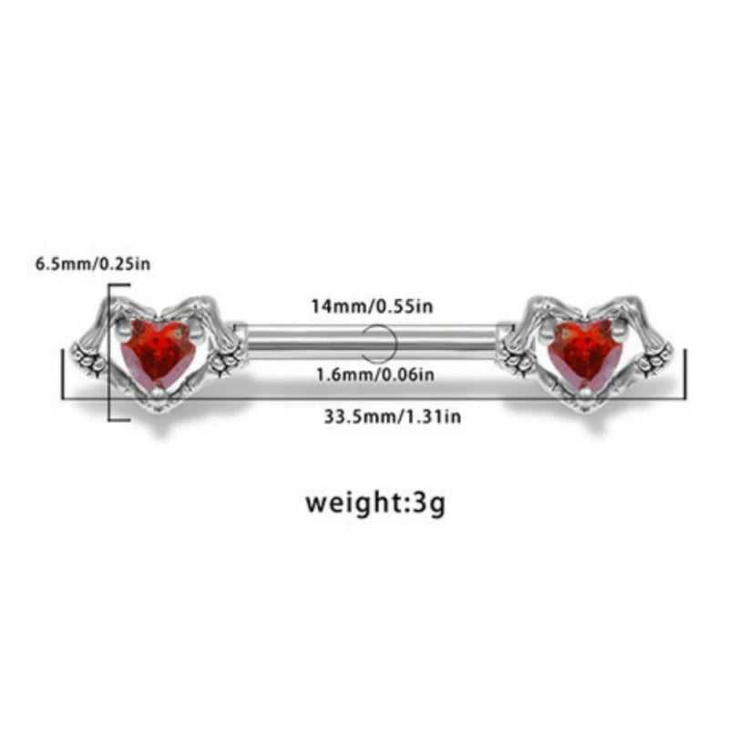 14G Skeleton Hand CZ Heart Nipple Rings 316L Surgical Steel Red Cubic Zirconia Love Heart  Nipple Piercing Barbell