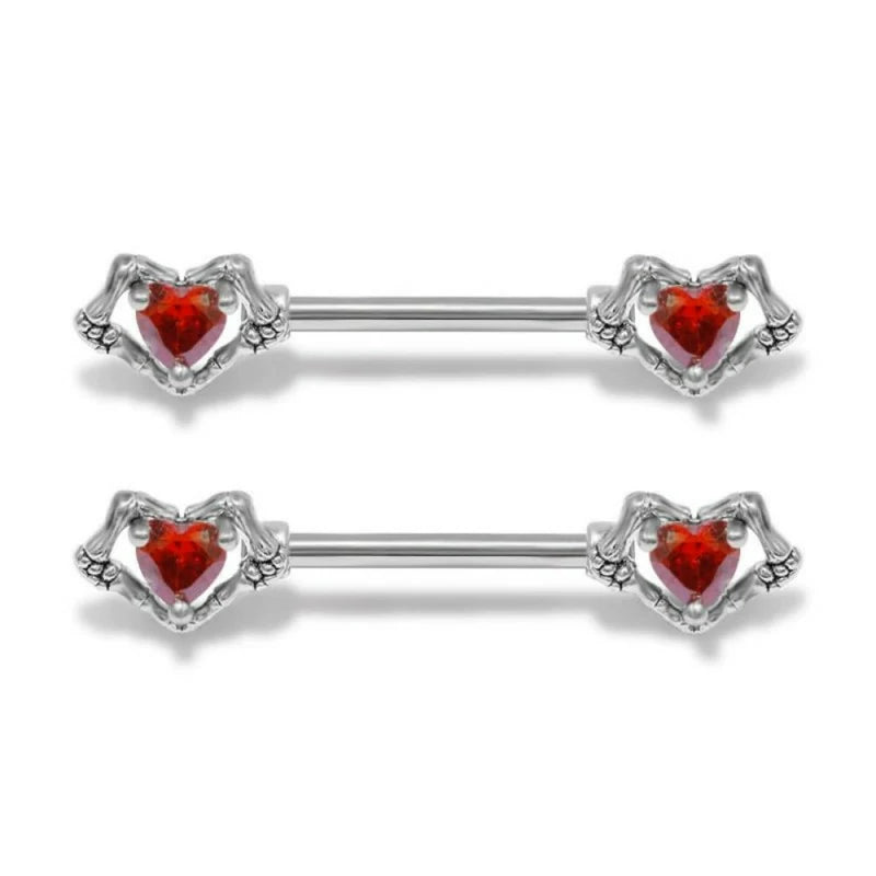 14G Skeleton Hand CZ Heart Nipple Rings 316L Surgical Steel Red Cubic Zirconia Love Heart  Nipple Piercing Barbell