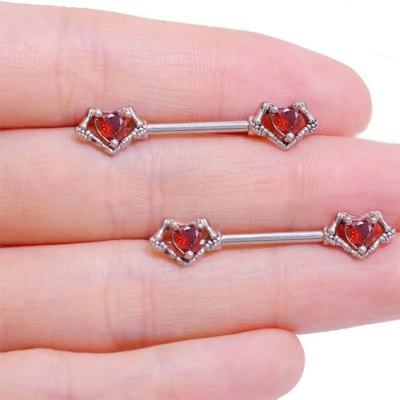 14G Skeleton Hand CZ Heart Nipple Rings 316L Surgical Steel Red Cubic Zirconia Love Heart  Nipple Piercing Barbell