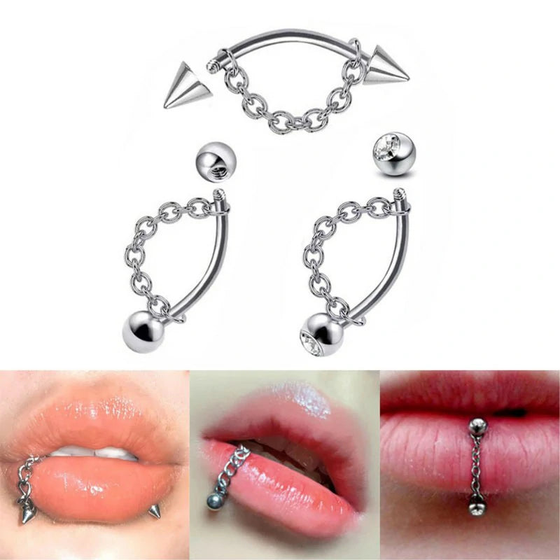 316L 16G Lip Rings Snake Bite Jewelry Eyebrow Rings Tragus Helix Rook Piercing Jewelry with Chain