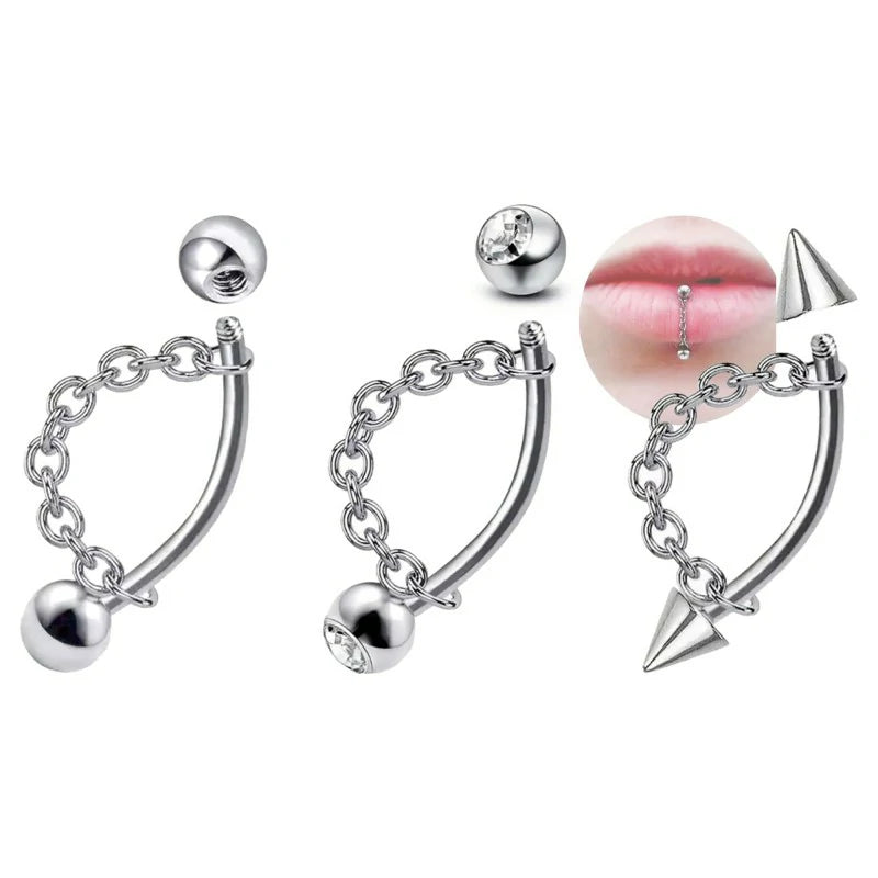 316L 16G Lip Rings Snake Bite Jewelry Eyebrow Rings Tragus Helix Rook Piercing Jewelry with Chain