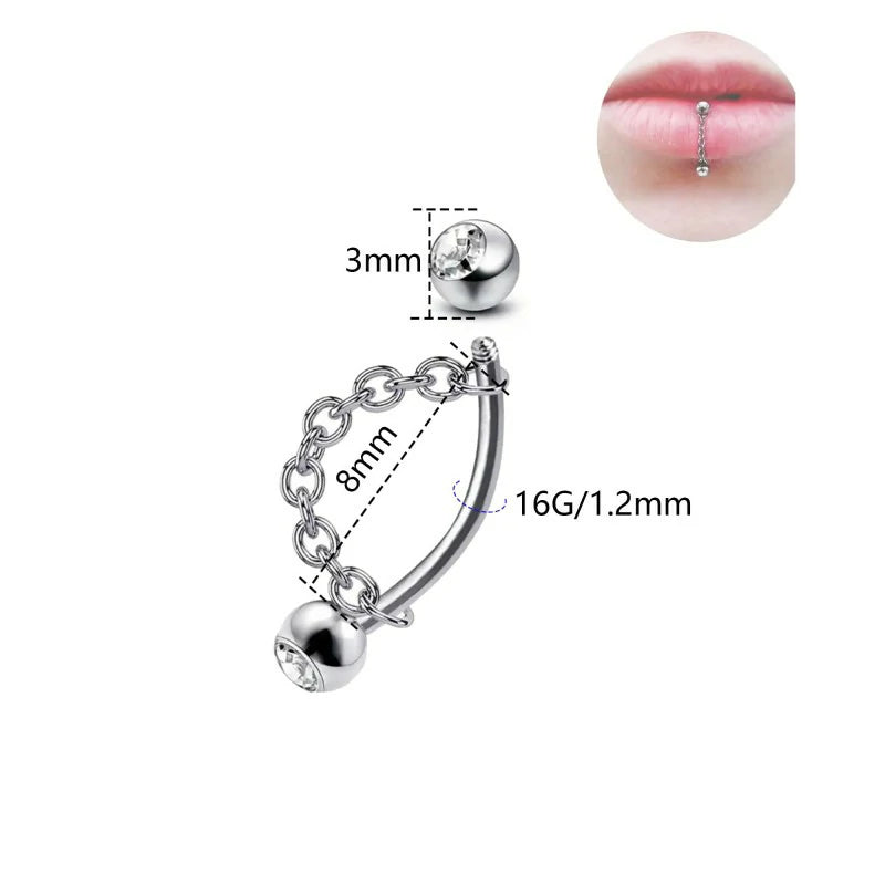 316L 16G Lip Rings Snake Bite Jewelry Eyebrow Rings Tragus Helix Rook Piercing Jewelry with Chain