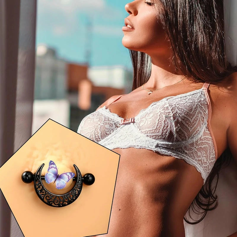 14G 316L Black Nipple Rings Stainless Steel Moon Barbell Pattern Piercing
