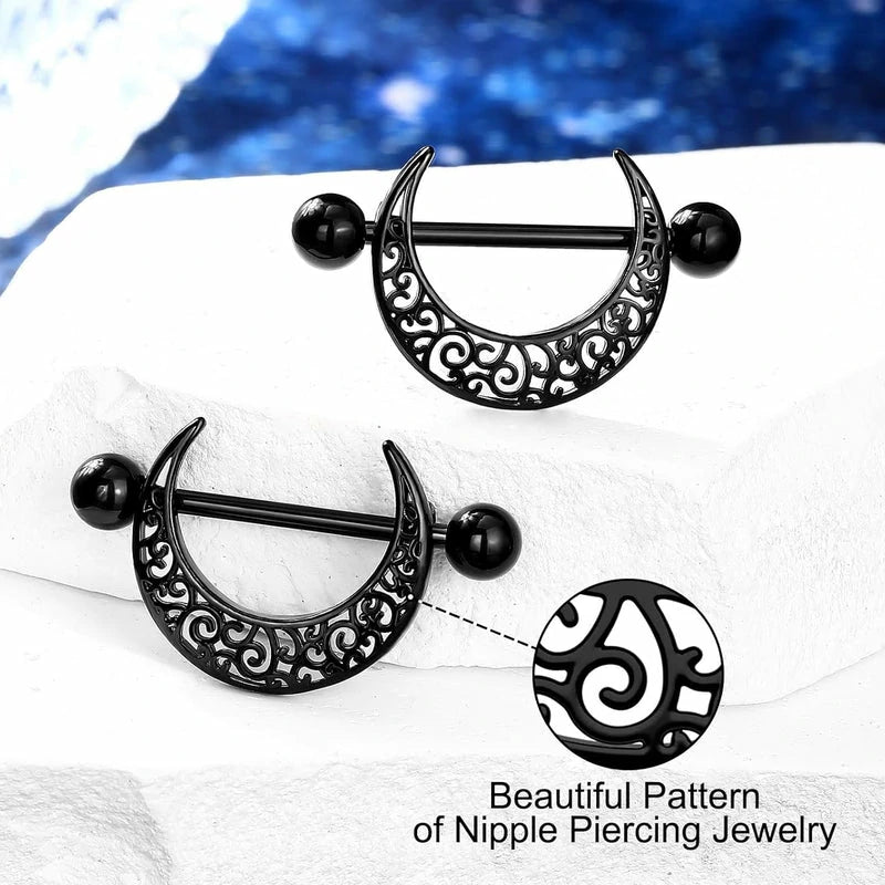 14G 316L Black Nipple Rings Stainless Steel Moon Barbell Pattern Piercing