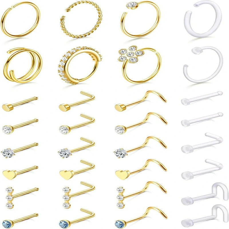 32 Pcs Hypoallergenic Surgical Stainless Steel Retainer Clear L Shape/Straight/Corkscrew