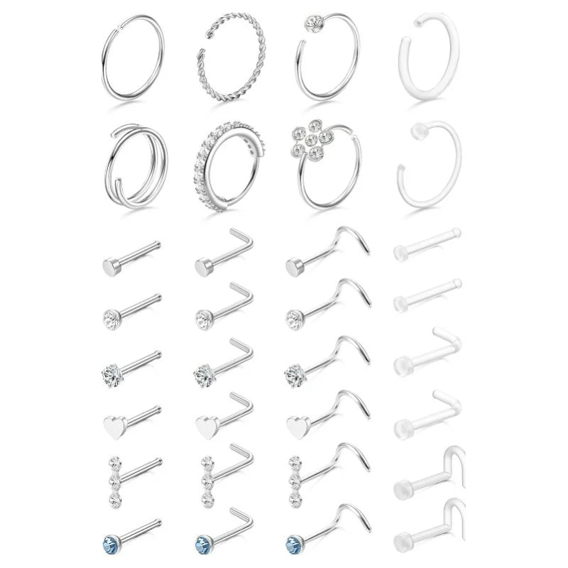 32 Pcs Hypoallergenic Surgical Stainless Steel Retainer Clear L Shape/Straight/Corkscrew