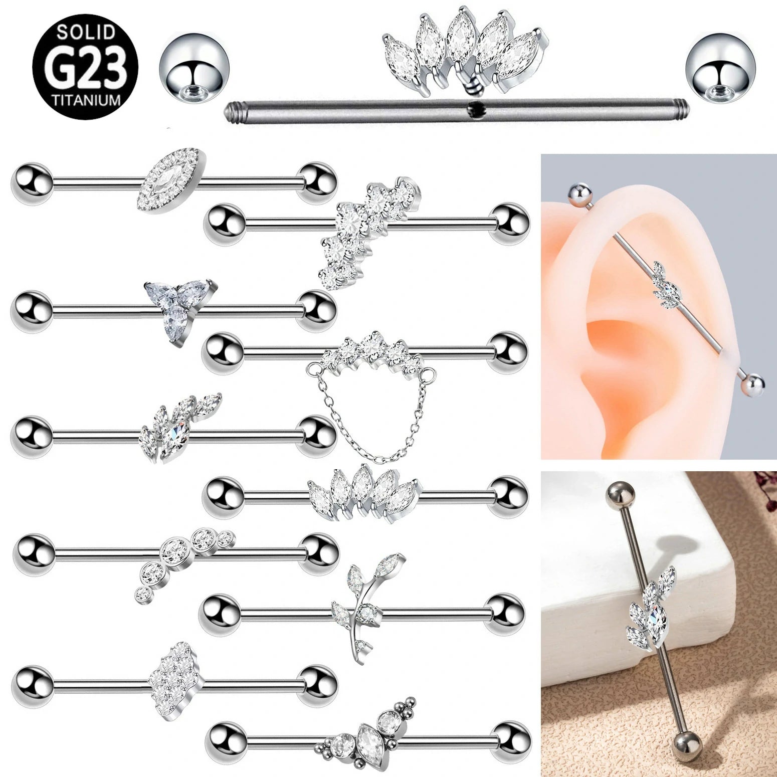 38mm 1&1/2 Inch Industrial Piercing Bar for Women Men Snake Chain Dangle