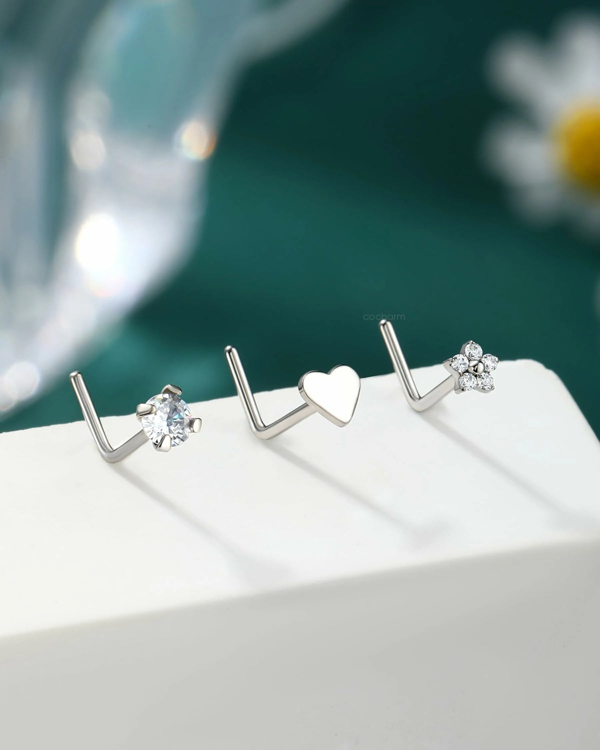 3PCS Titanium Flower Nose Rings Studs 20G, 6.5mm L-Shaped Nose Piercing Jewelry Set