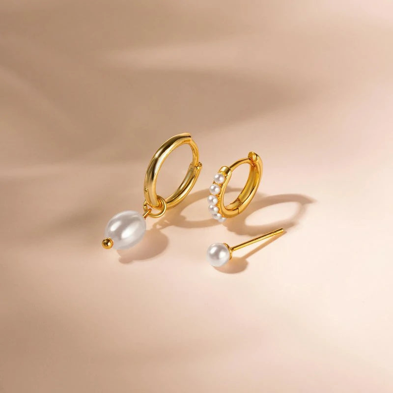3 Pairs 14K Gold Plated Pearl Heart Butterfly Bow Star Moon Leaf Diamond Hoop