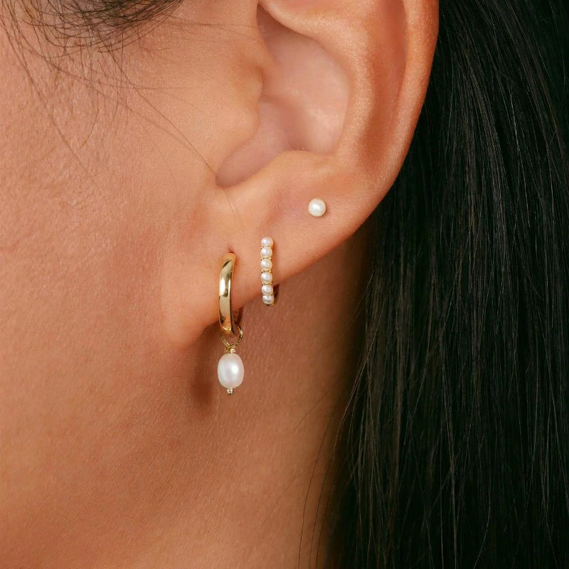 3 Pairs 14K Gold Plated Pearl Heart Butterfly Bow Star Moon Leaf Diamond Hoop