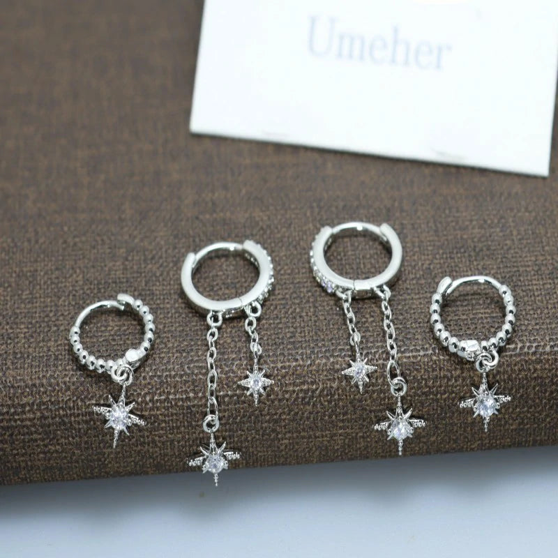 3Pairs Earrings Set Silver Moon Star CZ Butterfly Green Dainty Stud Hoop Earrings