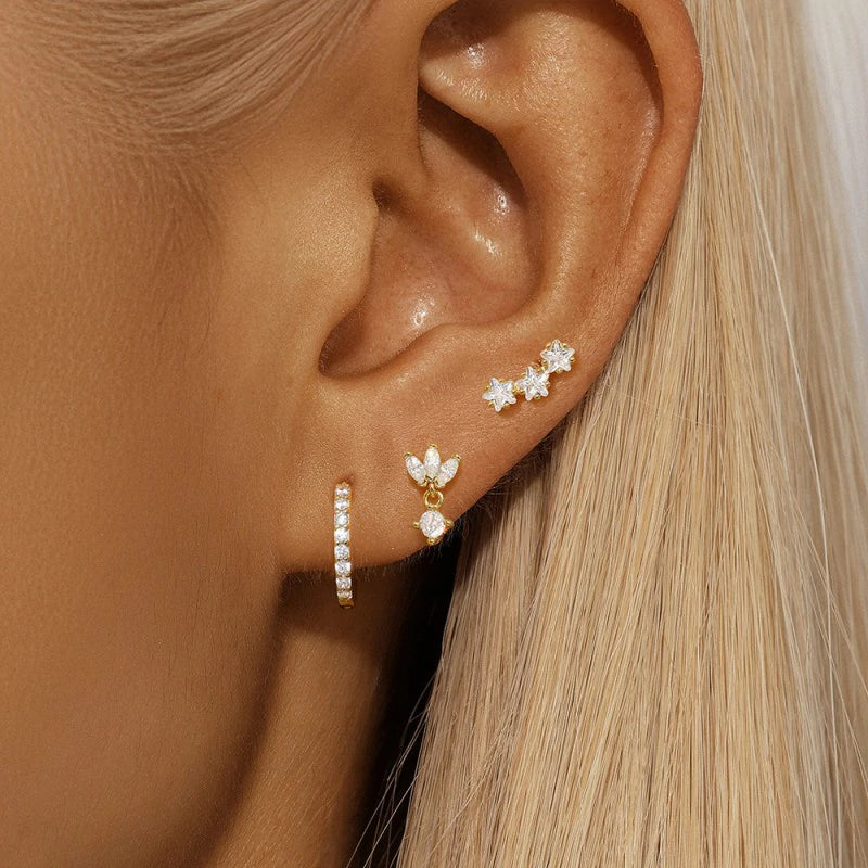 3 Pairs Stackable Gold Hoop Earrings Set 14K Gold Plated Earring Stacks CZ Heart Pearl Rhombus Bow Four Leaf Star Huggie Earrings
