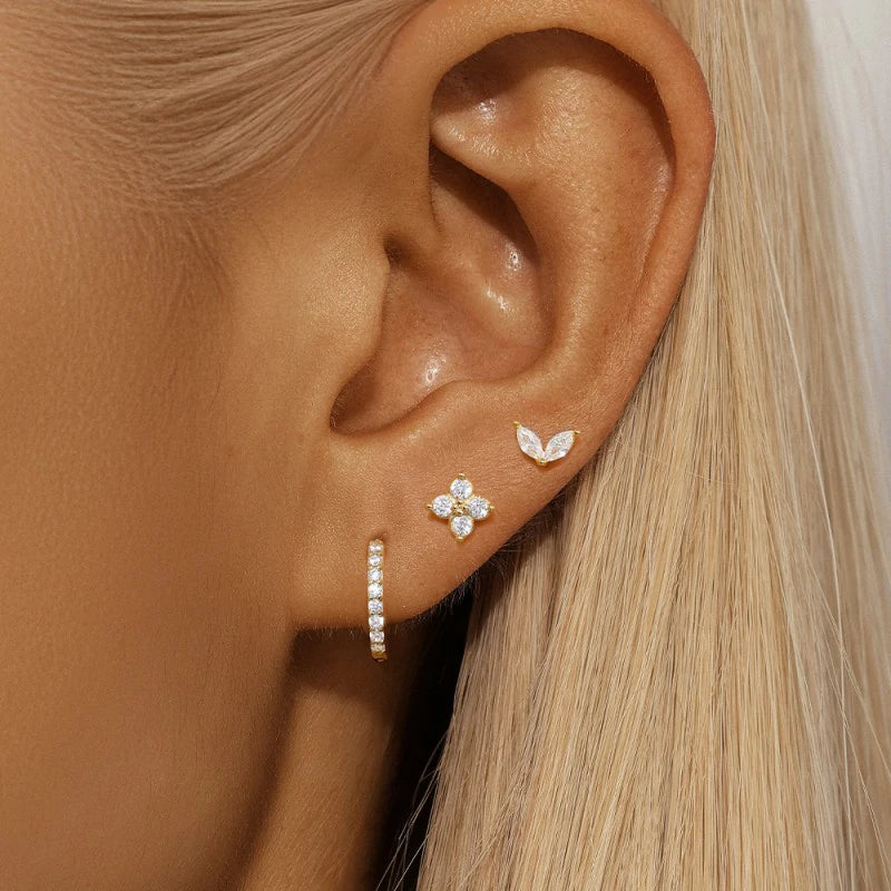 3 Pairs Stackable Gold Hoop Earrings Set 14K Gold Plated Earring Stacks CZ Heart Pearl Rhombus Bow Four Leaf Star Huggie Earrings