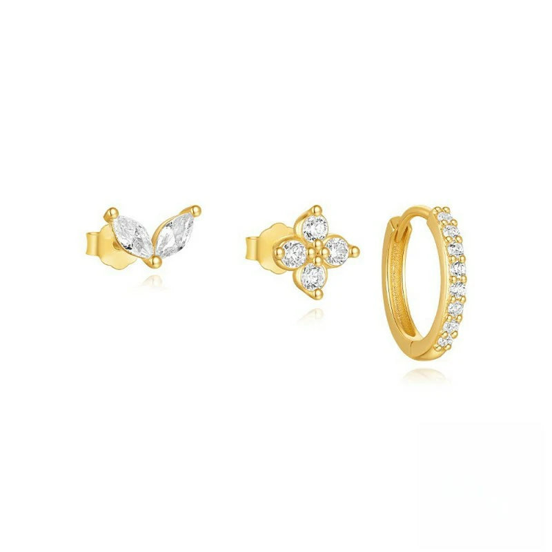 3 Pairs Stackable Gold Hoop Earrings Set 14K Gold Plated Earring Stacks CZ Heart Pearl Rhombus Bow Four Leaf Star Huggie Earrings
