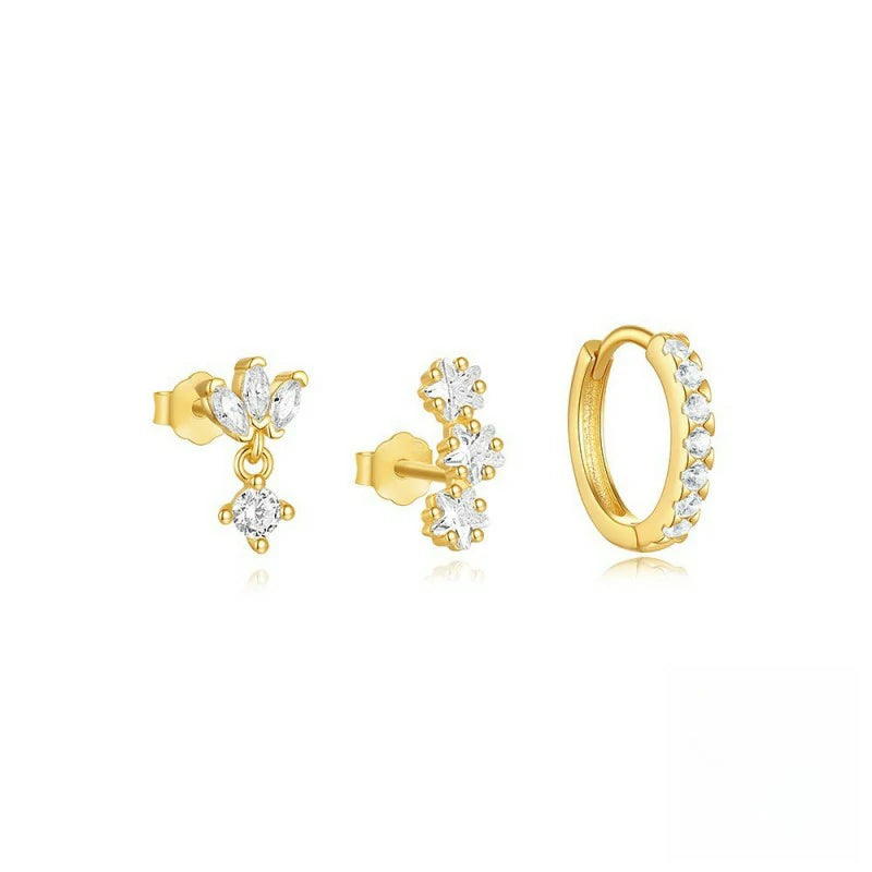 3 Pairs Stackable Gold Hoop Earrings Set 14K Gold Plated Earring Stacks CZ Heart Pearl Rhombus Bow Four Leaf Star Huggie Earrings