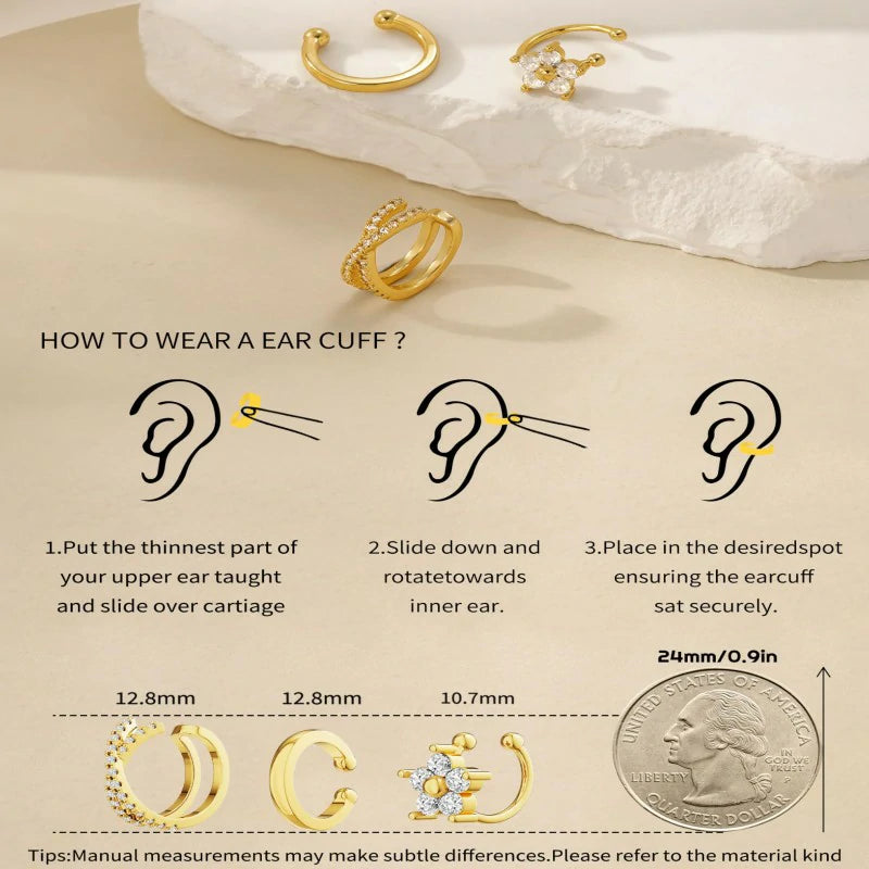 3Pcs Ear Cuffs Non Piercing Trendy 14K Gold Plated Cuffs Earrings with Cubic Zirconia