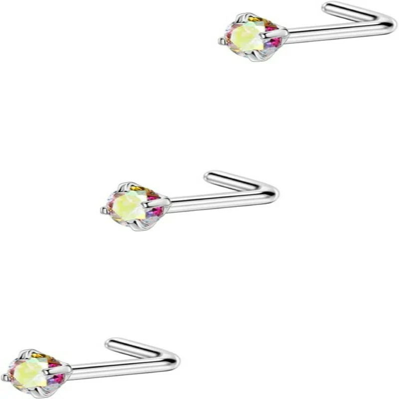 3 Pieces CZ Nose Studs L Shape Nose Rings Studs Surgical Steel Nostril