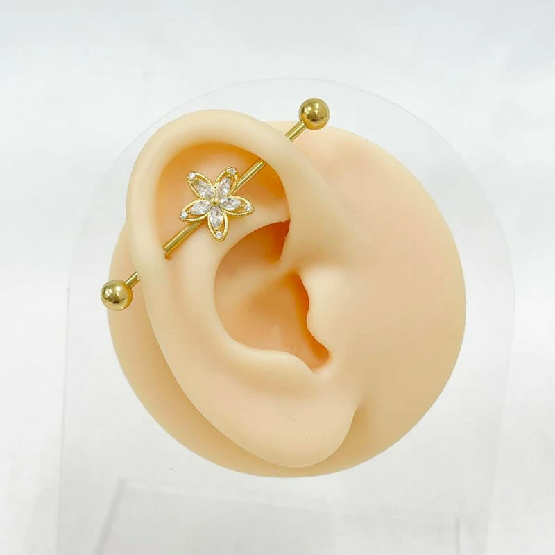 316L Stainless Steel CZ Crystal Triple Heart Industrial Barbell
