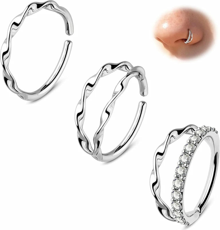 20G 3PCS Twist Nose Rings Hoop, Stainless Steel 316L Double Nose Studs Set