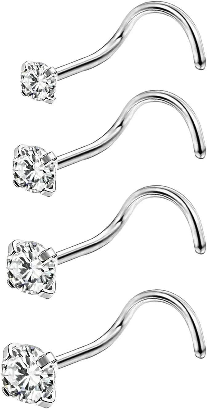 4-6pcs  CZ L Shaped Corkscrew Nose Ring Studs Small Cute Silver Rose Gold Black Nose