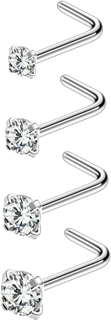 4-6pcs  CZ L Shaped Corkscrew Nose Ring Studs Small Cute Silver Rose Gold Black Nose