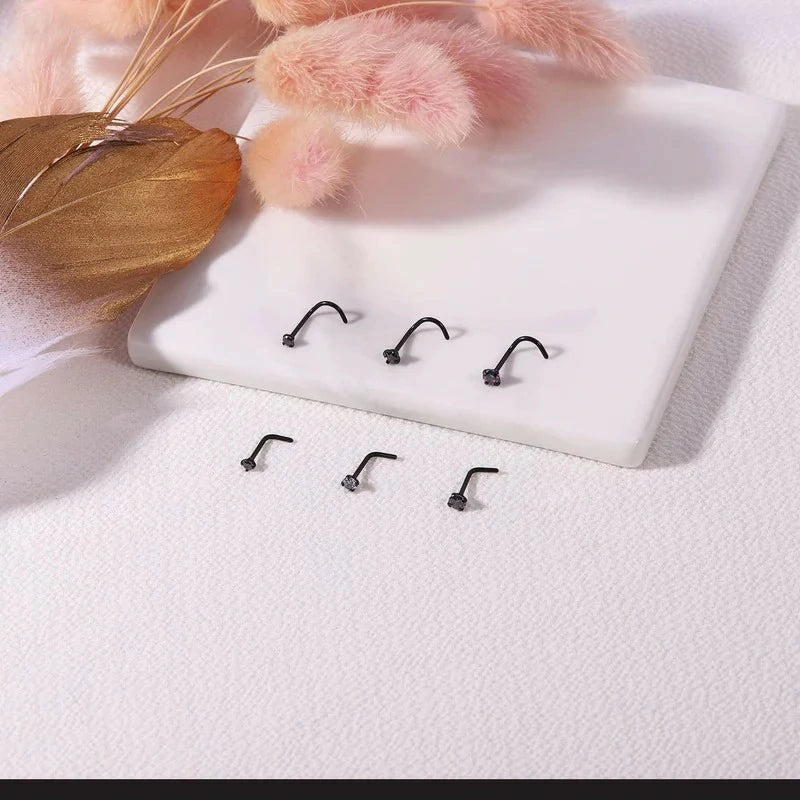 4-6pcs  CZ L Shaped Corkscrew Nose Ring Studs Small Cute Silver Rose Gold Black Nose