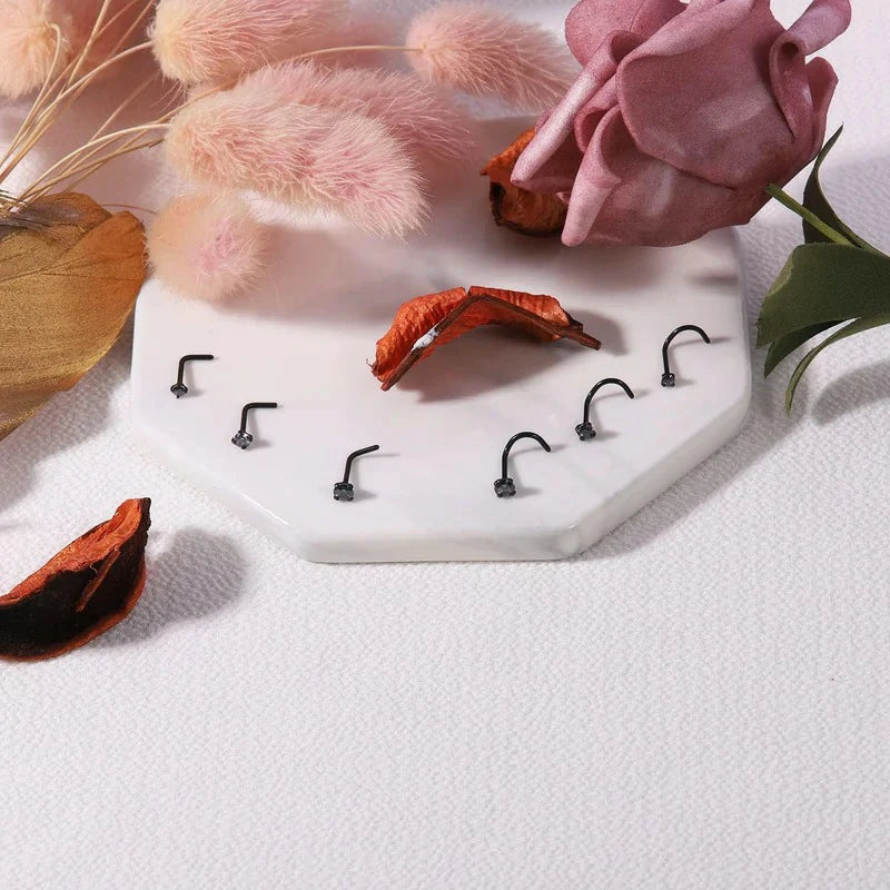 4-6pcs  CZ L Shaped Corkscrew Nose Ring Studs Small Cute Silver Rose Gold Black Nose
