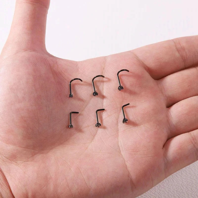 4-6pcs  CZ L Shaped Corkscrew Nose Ring Studs Small Cute Silver Rose Gold Black Nose