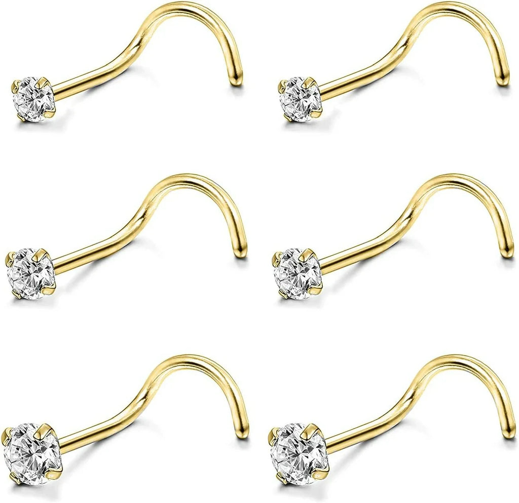 4-6pcs  CZ L Shaped Corkscrew Nose Ring Studs Small Cute Silver Rose Gold Black Nose