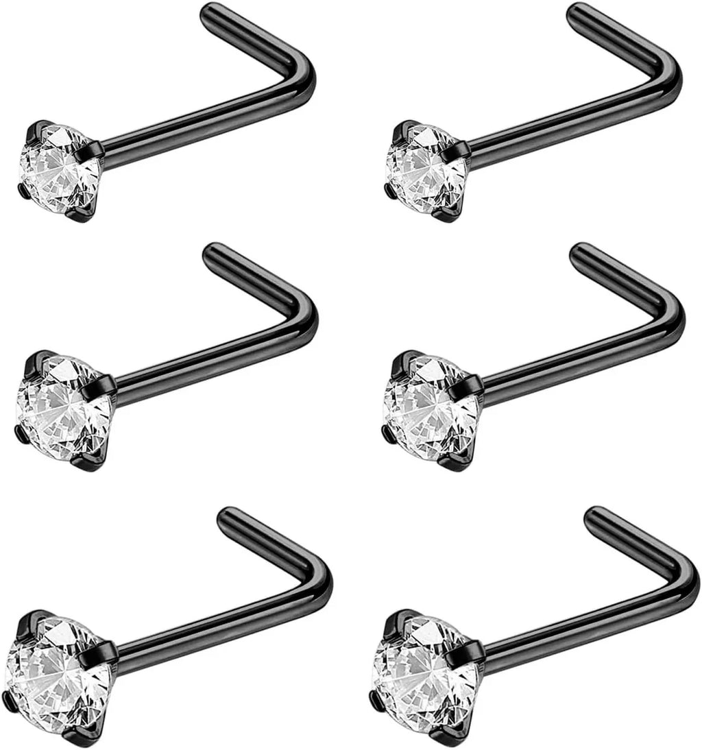 4-6pcs  CZ L Shaped Corkscrew Nose Ring Studs Small Cute Silver Rose Gold Black Nose