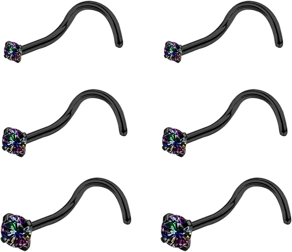 4-6pcs  CZ L Shaped Corkscrew Nose Ring Studs Small Cute Silver Rose Gold Black Nose