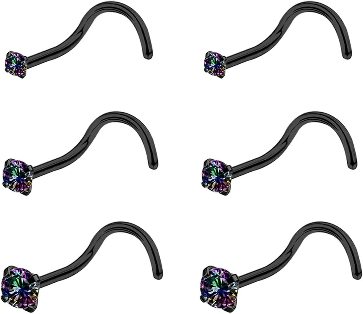 4-6pcs  CZ L Shaped Corkscrew Nose Ring Studs Small Cute Silver Rose Gold Black Nose