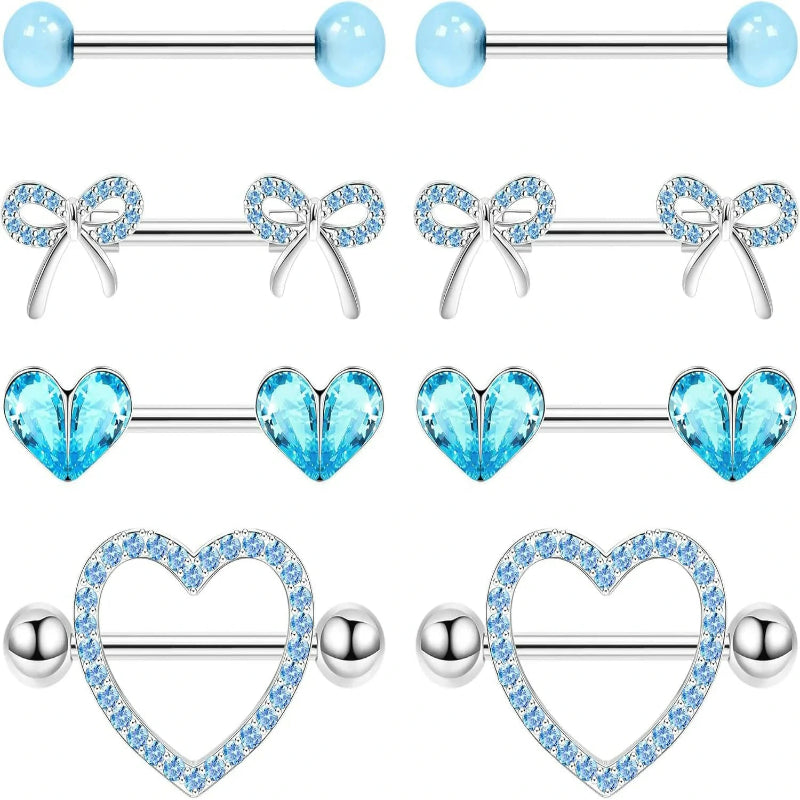 4 Pairs 14G G23 Titanium Nipple Rings Heart Nipple Barbell Tongue Rings