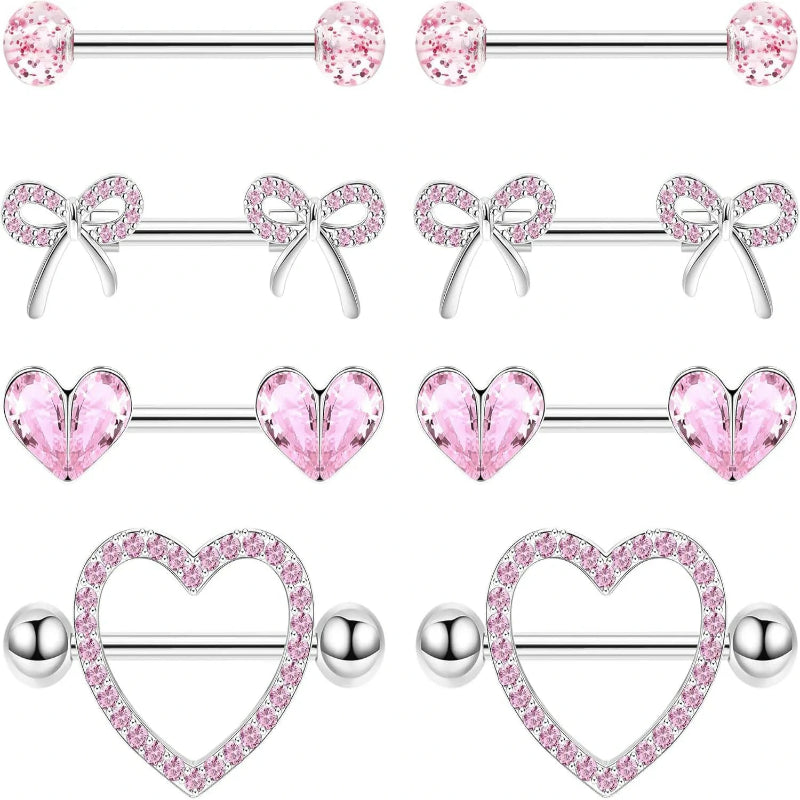 4 Pairs 14G G23 Titanium Nipple Rings Heart Nipple Barbell Tongue Rings