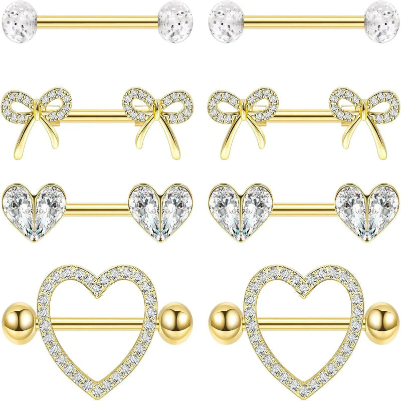 4 Pairs 14G G23 Titanium Nipple Rings Heart Nipple Barbell Tongue Rings
