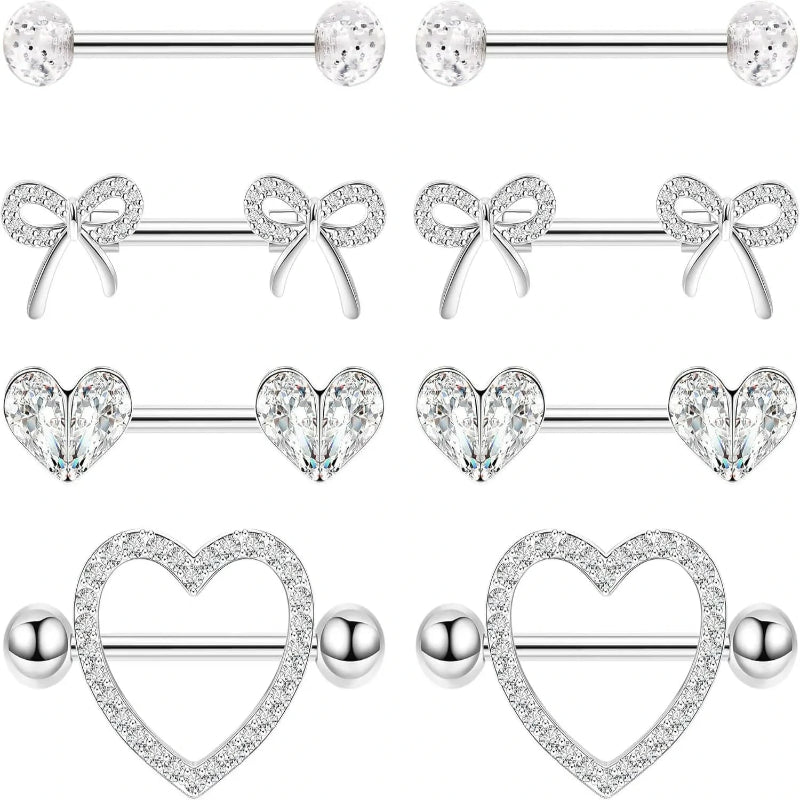 4 Pairs 14G G23 Titanium Nipple Rings Heart Nipple Barbell Tongue Rings