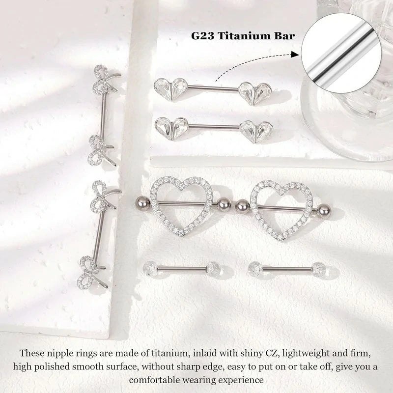 4 Pairs 14G G23 Titanium Nipple Rings Heart Nipple Barbell Tongue Rings