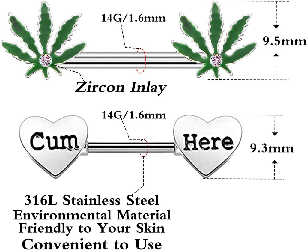 4 Pcs 14G Marijuana Leaf Nipple Rings Surgical Steel and Letter Letter Set Nipple Barbell for Women Men Body Piercing - QIAO CrystalQIAO CrystalQIAO Crystal