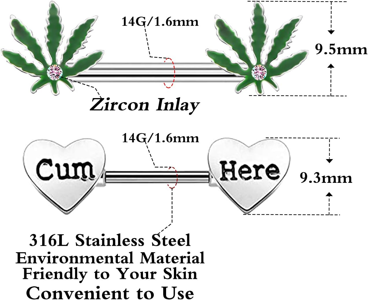 4 Pcs 14G Marijuana Leaf Nipple Rings Surgical Steel and Letter Letter Set Nipple Barbell for Women Men Body Piercing - QIAO CrystalQIAO CrystalQIAO Crystal
