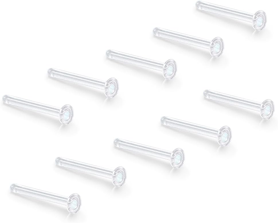 10Pcs Glass Clear Nose Studs for Work,Surgery, 18g/16g Glass Nose Piercing Retainer for Sport, MRIs, CT, Hypoallergenic Flat Top Invisible Nose Rings Studs
