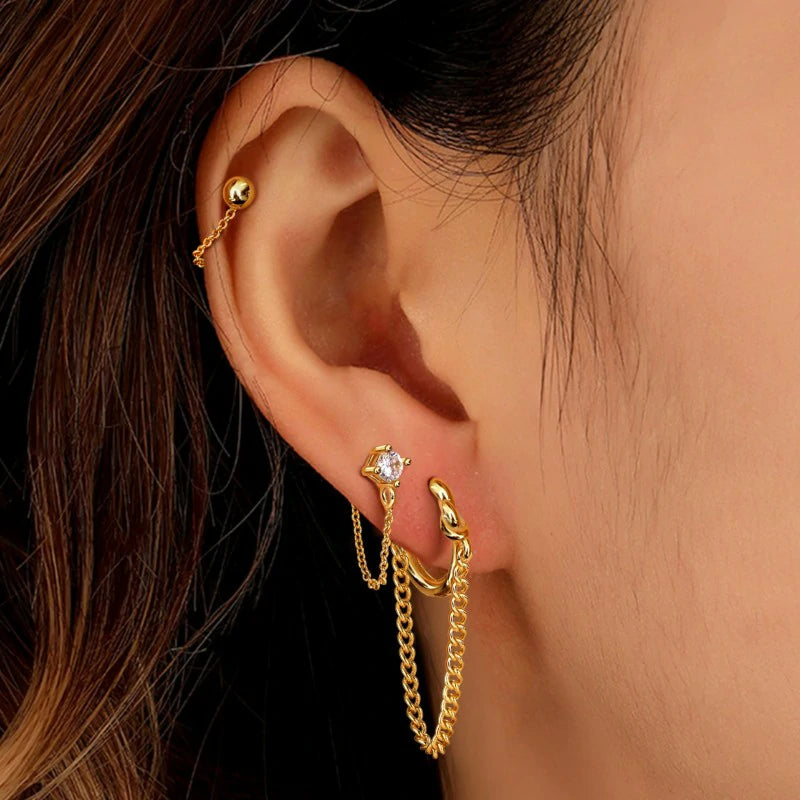 4 Pairs Chain Earrings 14K Gold Earring Stacks Hypoallergenic Cute Chain Stud Earring Set