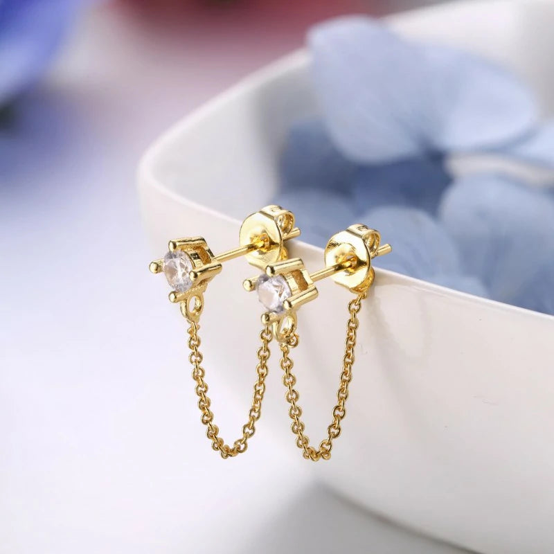 4 Pairs Chain Earrings 14K Gold Earring Stacks Hypoallergenic Cute Chain Stud Earring Set