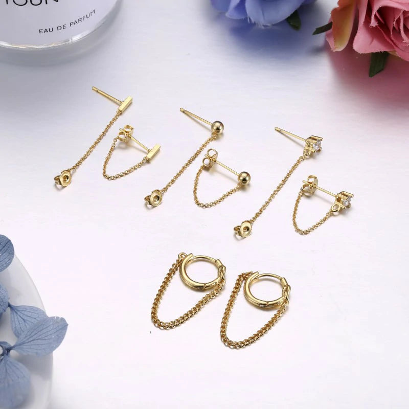 4 Pairs Chain Earrings 14K Gold Earring Stacks Hypoallergenic Cute Chain Stud Earring Set