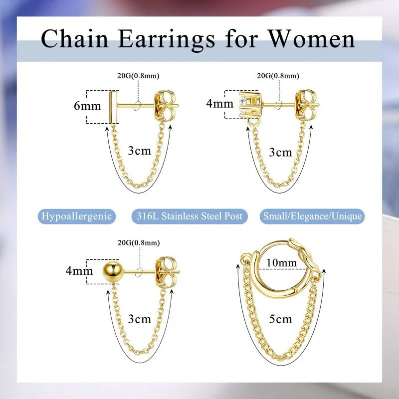 4 Pairs Chain Earrings 14K Gold Earring Stacks Hypoallergenic Cute Chain Stud Earring Set