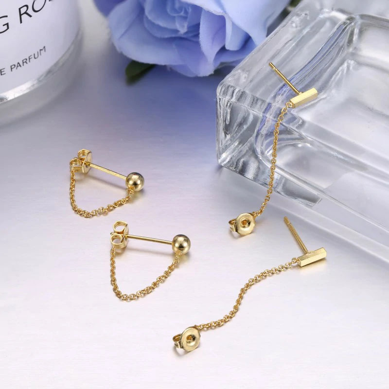 4 Pairs Chain Earrings 14K Gold Earring Stacks Hypoallergenic Cute Chain Stud Earring Set