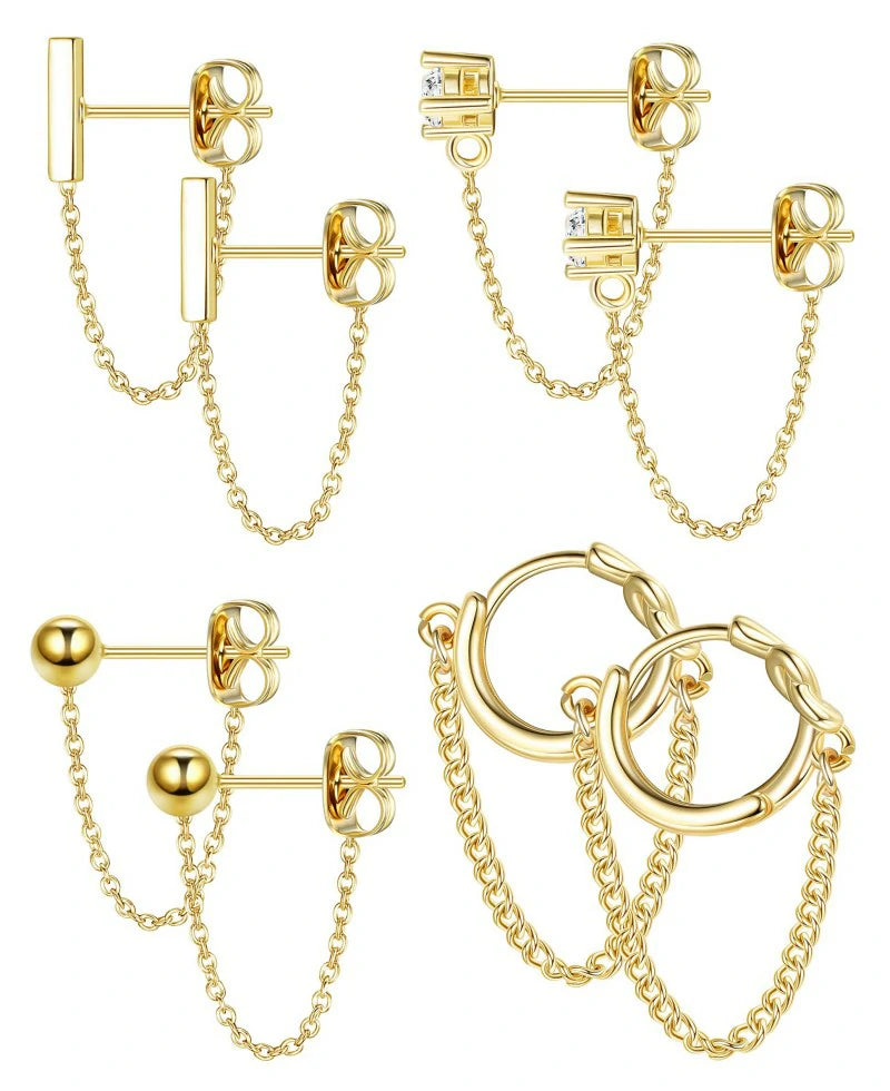 4 Pairs Chain Earrings 14K Gold Earring Stacks Hypoallergenic Cute Chain Stud Earring Set