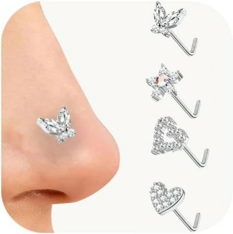 4pcs 20G  L Shaped & Dangle Nose StudButterfly, Flower & Heart Designs
